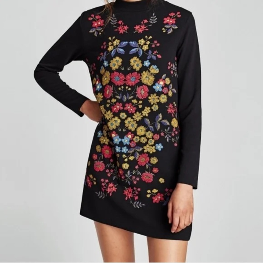 Zara Black Long Sleeve Mini Dress with Multicolor Floral Embroidery